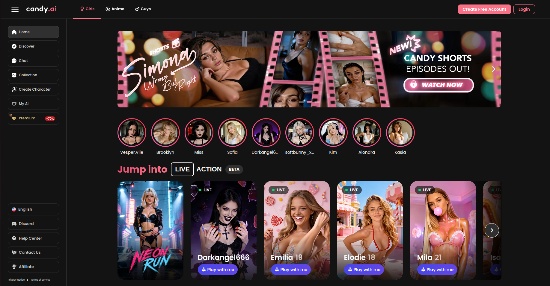 Candy.ai AI girlfriend chat platform homepage