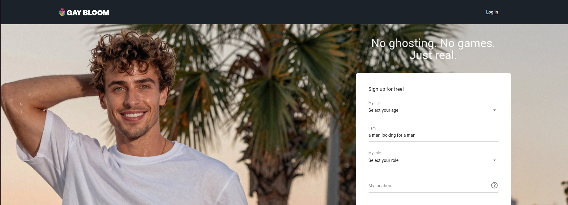 GayBloom LGBTQ dating platform homepage for gay singles and casual online dating