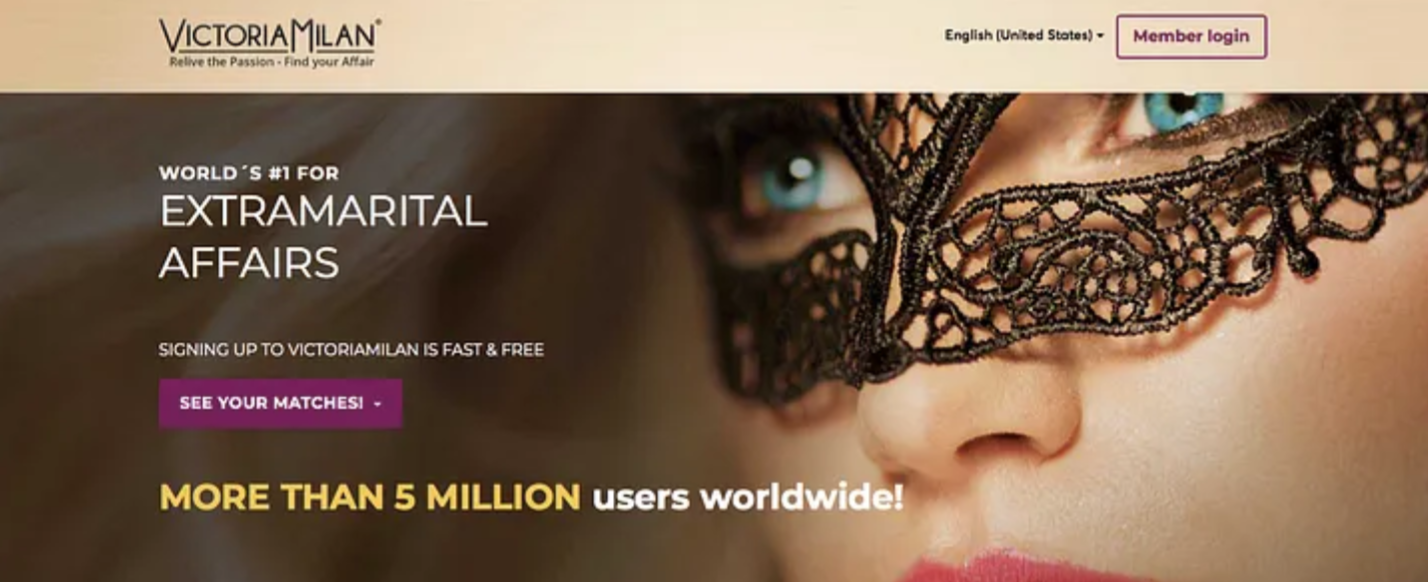 Victoria Milan discreet affair dating platform homepage screenshot